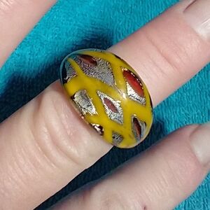 Yellow Red and Silver Glitter Glass Ring